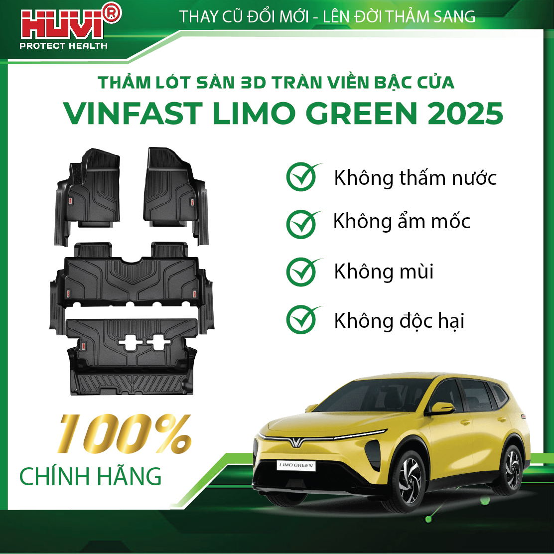 THẢM SÀN HUVI TPE TRÀN VIỀN 3D CHO VINFAST LIMO GREEN