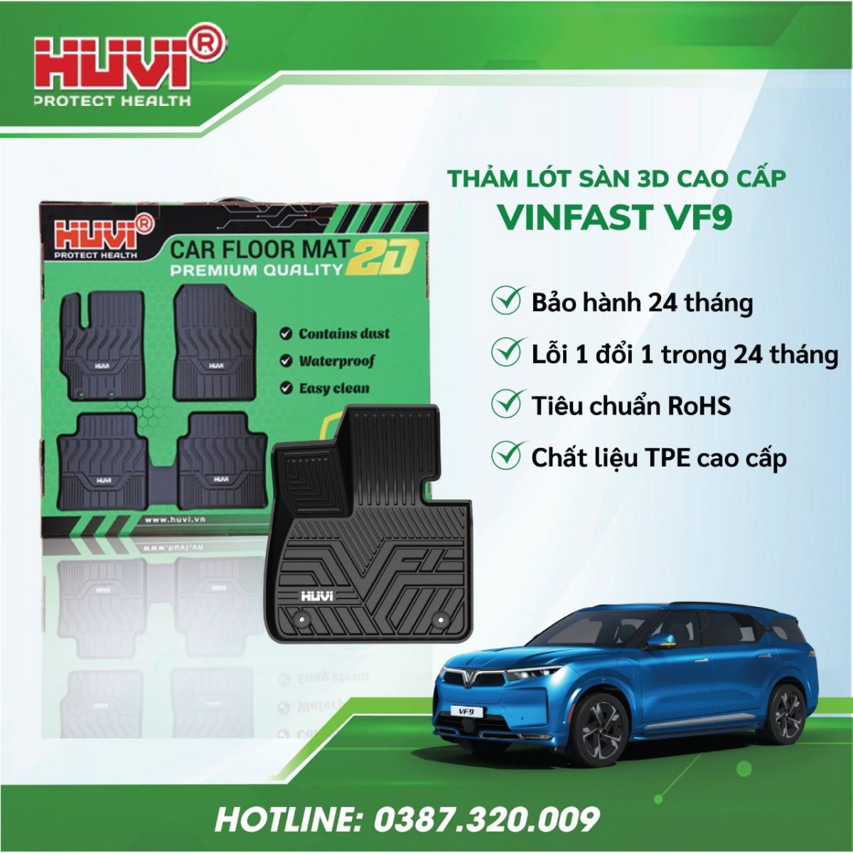 THẢM SÀN HUVI NHỰA TPE 3D CHO VINFAST VF9 PLUS 6 GHẾ